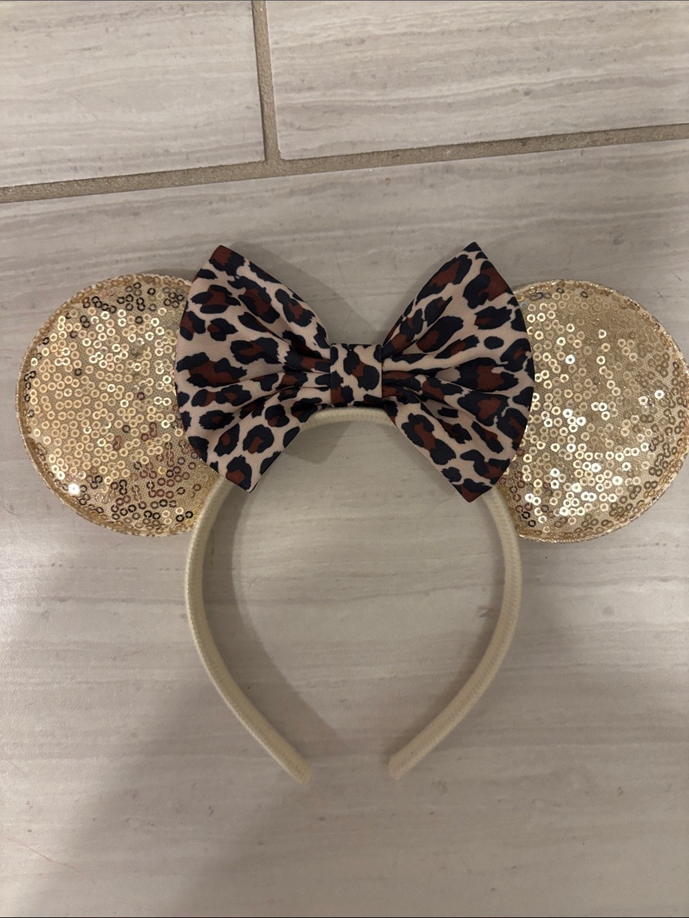 Gold Sequin Minnie Ears Headband with Leopard Bow - Kids Accessories